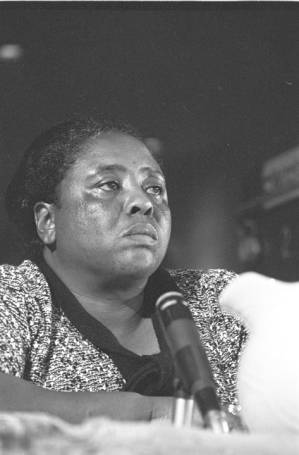 Fannie Lou Hamer seated before the Senate Subcommittee on Employment, Manpower, and Poverty during a hearing at the Heidelberg Hotel in Jackson, Mississippi.