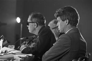 Senators Joseph Clark and Robert F. Kennedy of the Senate Subcommittee on Employment, Manpower, and Poverty, listening to testimony during a hearing at the Heidelberg Hotel in Jackson, Mississippi.