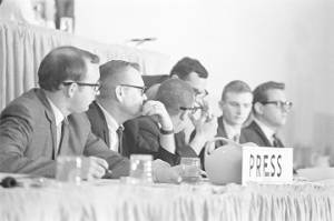 Members of the press listening to testimony before the Senate Subcommittee on Employment, Manpower, and Poverty, during a hearing at the Heidelberg Hotel in Jackson, Mississippi.