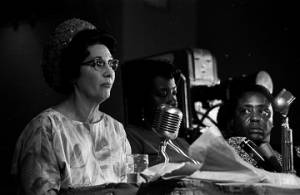 Mrs. Hardy, Unita Blackwell, and Fannie Lou Hamer seated before the Senate Subcommittee on Employment, Manpower, and Poverty during a hearing at the Heidelberg Hotel in Jackson, Mississippi.