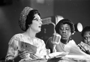 Mrs. Hardy speaking at a hearing of the Senate Subcommittee on Employment, Manpower, and Poverty at the Heidelberg Hotel in Jackson, Mississippi.