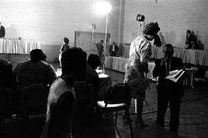 Fannie Lou Hamer, Unita Blackwell, and others, leaving the table where they had been seated before the Senate Subcommittee on Employment, Manpower, and Poverty, during a hearing at the Heidelberg Hotel in Jackson, Mississippi.