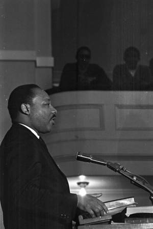 Martin Luther King, Jr., speaking to an audience at Tabernacle Baptist Church in Selma, Alabama.