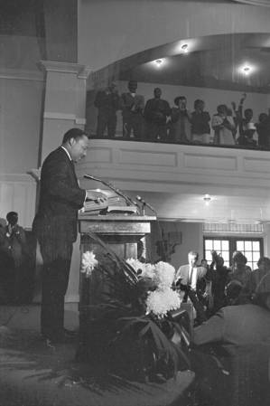 Martin Luther King, Jr., speaking to an audience at Tabernacle Baptist Church in Selma, Alabama.
