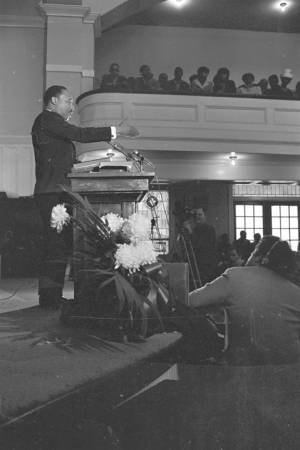 Martin Luther King, Jr., speaking to an audience at Tabernacle Baptist Church in Selma, Alabama.