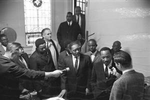 Martin Luther King, Jr., being interviewed at Tabernacle Baptist Church in Selma, Alabama.