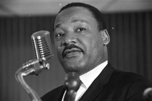 Martin Luther King, Jr., speaking to an audience at Maggie Street Baptist Church in Montgomery, Alabama.