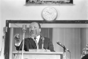 Martin Luther King, Jr., speaking to an audience at Maggie Street Baptist Church in Montgomery, Alabama.