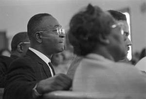 Audience at Maggie Street Baptist Church in Montgomery, Alabama, probably listening to Martin Luther King, Jr., speak.