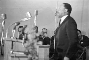 Martin Luther King, Jr., speaking to an audience at Maggie Street Baptist Church in Montgomery, Alabama.