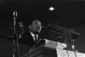 Martin Luther King, Jr., speaking to an audience at St. Paul AME Church in Birmingham, Alabama.