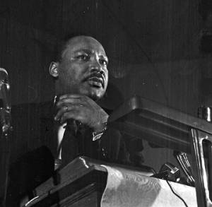 Martin Luther King, Jr., speaking to an audience at St. Paul AME Church in Birmingham, Alabama.