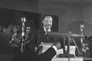 Martin Luther King, Jr., speaking to an audience at St. Paul AME Church in Birmingham, Alabama.