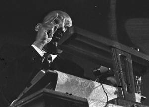 Martin Luther King, Jr., speaking to an audience at St. Paul AME Church in Birmingham, Alabama.
