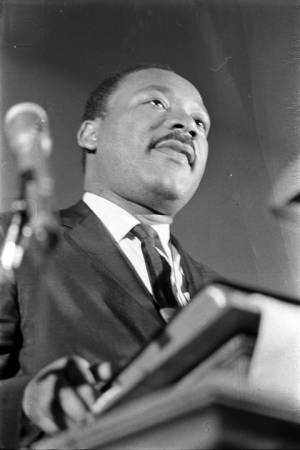 Martin Luther King, Jr., speaking to an audience at St. Paul AME Church in Birmingham, Alabama.