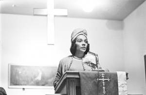 Coretta Scott King speaking to an audience of women at Hall Street Baptist Church in Montgomery, Alabama.