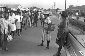 Participants in the "March Against Fear" through Mississippi, begun by James Meredith, standing in line during a rest stop.