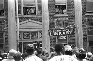 Participants in the "March Against Fear" begun by James Meredith, in front of the Neshoba County Library in Philadelphia, Mississippi.