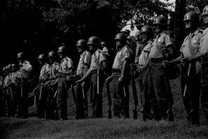 Law enforcement officers standing on the grounds of the state capitol in Jackson, Mississippi, at the end of the "March Against Fear" begun by James Meredith.