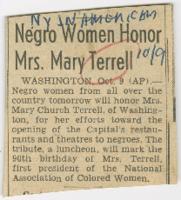 "Negro Women Honor Mrs. Mary Terrell" Article, October 9, 1954