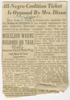 "All-Negro Coalition Ticket Is Opposed by Mrs. Dixon", September 28, 1958