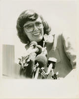 U.S. Congresswoman Pat Schroeder Speaking at a Podium, May 7, 1981