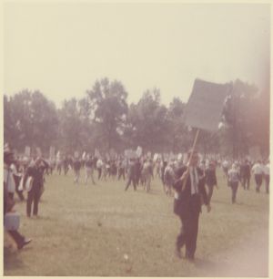 Protesters holding up signs in a park