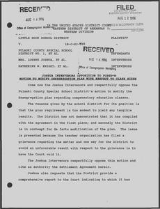 Court Filings concerning PCSSD's motion to modify desegregation plan with regard to class sizes, Joshua's motion for an interim award of attorneys' fees and costs for post-judgment monitoring, settlement agreement with the state, and LRSD 1995-96 fourth quarter status report and budget