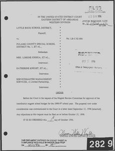Court filings concerning Joshua intervenor's fee petition of November 1995, LRSD's motion to terminate the court's jurisdiction, PCSSD teacher strike issue, and LRSD program and budget tool.