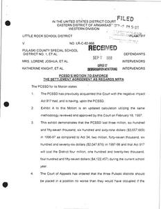 Court filings concerning motion to enforce the settlement agreement as regards minimum foundation program aid (MFPA), petition for award of attorneys' fees and costs, and proposed findings of fact and conclusions of law of the PCSSD,