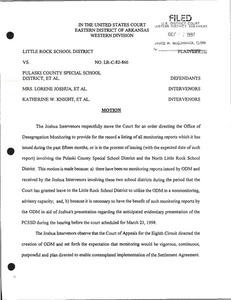 Court filings concerning PCSSD's amended motion for attorneys' fees and costs as to state defendants, ODM, ''Report on the Arkansas Department of Education's (ADE's) Monitoring of the School Districts in Pulaski County'', and Joshua Intervenors notices of deposition for receivership of Southwest Junior High School