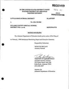 Court filings: District Court, notice of filing, Arkansas Department of Education (ADE) semiannual monitoring report and executive summary; District Court, order; District Court, five notices of deposition; District Court, order; Court of Appeals, joint motion to postpone oral argument; District Court, order