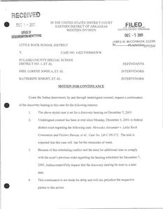 Court filings concerning status report concerning Baker Elementary, LRSD's March 15, 2001, compliance report, PCSSD motion of approval for middle school site, and Joshua's objections to unitary status