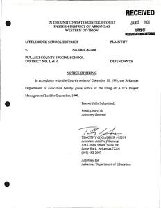 Court filings: District Court, notice of filing, Arkansas Department of Education (ADE) project management tool; District Court, Joshua intervenors' response to the defendants' motion for plan approval; District Court, Arkansas Department of Education's (ADE's) response to the Court's November 5, 1999, order; District Court, order; District Court, motion for extension of time; District Court, reply and brief in support of Pulaski County Special School District's (PCSSD's) reply to Joshua intervenors' response to the defendants' motion for plan approval; District Court, order; District Court, Arkansas Department of Education's (ADE's) response to the court's November 22, 1999, order; District Court, notice of filing, Arkansas Department of Education (ADE) project management tool