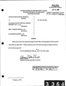 Court filings concerning Court approval of administrative reorganization, ODM report, ''Disciplinary Sanctions in the Little Rock School District (LRSD)'', and PCSSD motion to approve modification to student assignment plan