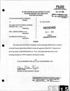 Court filings: District Court, order; District Court, motion for additional time in which to respond to Pulaski County Special School District's (PCSSD's) motion for approval of Plan 2000; District Court, order