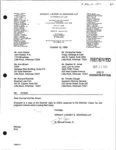 Court filings: District Court, the districts' reply to Arkansas Department of Education's (ADE's) response to the districts' motion for pre-judgment interest; District Court, order; District Court, notice of filing, Office of Desegregation Management report, ''Achievement Disparity between the Races in the Little Rock School District (LRSD)''; District Court, notice of filing, Arkansas Department of Education (ADE) project management tool