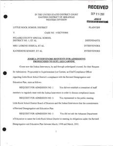 Court filings concerning Joshua intervenors' interrogatories and requests for production of documents by Supt. Les Carnine regarding Joshua's objections to unitary status, requests for admissions to Superintendant James, and status report regarding Baker Elementary School