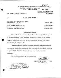 Includes corrected order, notice of filings, brief of appellant and appendix, Pulaski County Special School District's (PCSSD's) motion for enlargement of time to file appellee's brief, ADE project management tool, report by Office of Desegregation Management, and PCSSD motion for two temporary portable buildings at Sylvan Hills School.