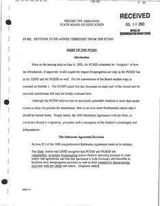 Brief regarding Pulaski County Special School District (PCSSD), response to petition to de-annex territory from PCSSD, motion to enforce settlement agreement, motion and support for allied relief, Arkansas Department of Education (ADE) project management tool, and Office of Desegregation Management report.