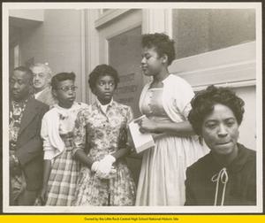 Three female black students and Daisy Bates at district attorney's