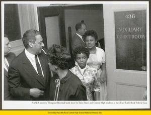 Thurgood Marshall, Daisy Gatson Bates, Elizabeth Eckford and Minnijean Brown outside United States District Courtroom
