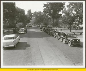 National Guard Jeeps lined up in front of Central High School
