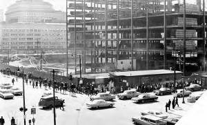 Demonstrators marching in front of Federal Building