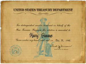 Certificate awarded to Harry Simms by the United States Treasury Department