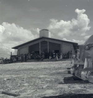 Group of people attending Baptist church groundbreaking ceremony