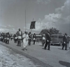 Group of people attending Baptist church groundbreaking ceremony