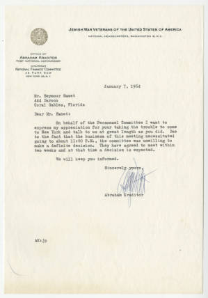 Abraham Kraditor letter to Seymour Samet, January 7, 1964