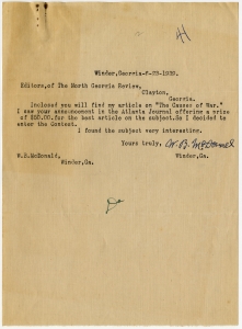 Business Correspondence M-Q, including submissions for "Causes of War" essay contest