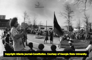 SCLC member Tyrone Brooks speaking at a rally, 1979